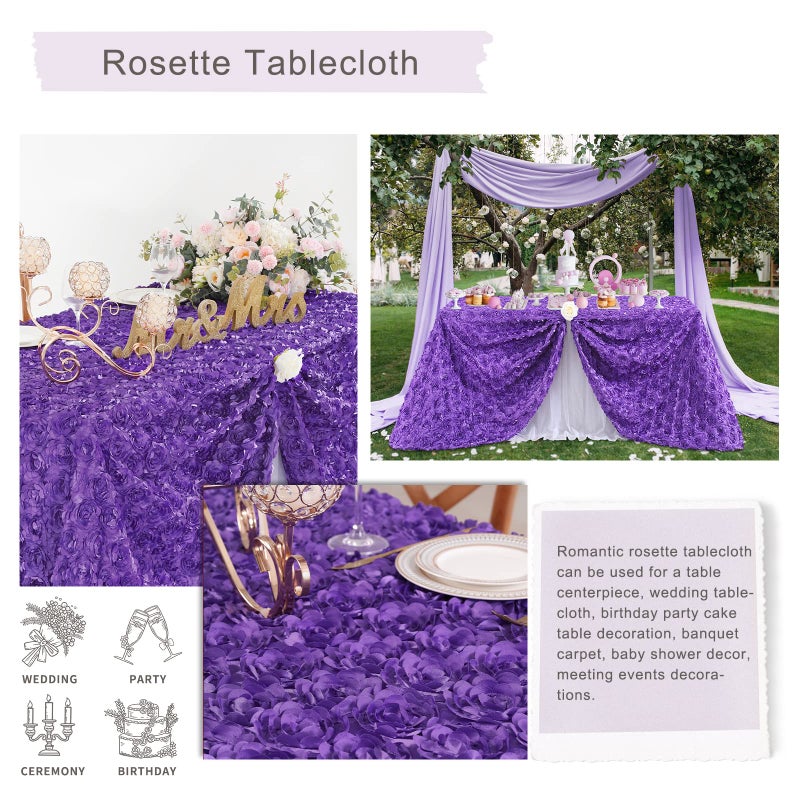 FanQiSi Purple Tablecloth 50x102 Inches Purple Rosette Satin Tablecloth Birthday Party Table Cover Bridal Shower Table Decorations - Image 5